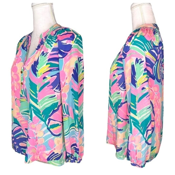 Lilly Pulitzer silk top tunic blouse pink blue palm leaves Exotic Garden Elsa XS - Picture 4 of 16